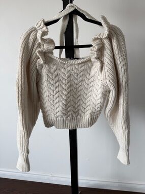 Zara Cream Cable-Knit Ruffle Off-the-Shoulder Sweater